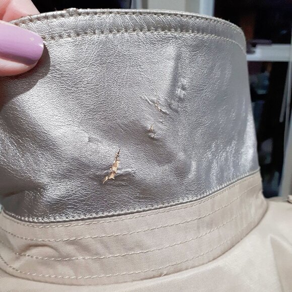 Preloved BCBG belted khaki gold faux leather sleeve trench coat jacket - Picture 16 of 16